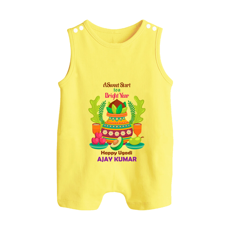 A Sweet Start To A Bright Year - Happy Ugadi Themed Customized Romper Suit For Babies With Name - PASTEL YELLOW - 0 - 5 Months Old (Chest 18")