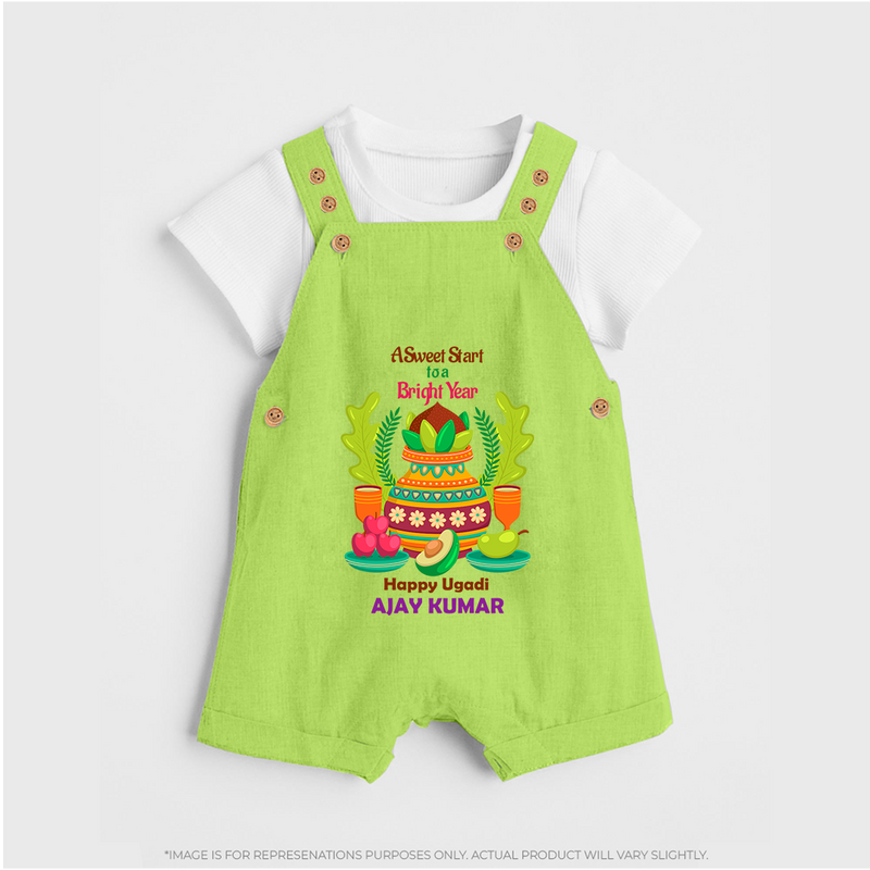 A Sweet Start To A Bright Year - Happy Ugadi Themed Customized Dungaree Set For Kids With Name - GREEN - 0 - 5 Months Old (Chest 18")