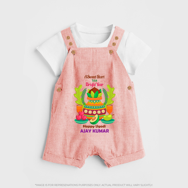 A Sweet Start To A Bright Year - Happy Ugadi Themed Customized Dungaree Set For Kids With Name - PEACH - 0 - 5 Months Old (Chest 18")