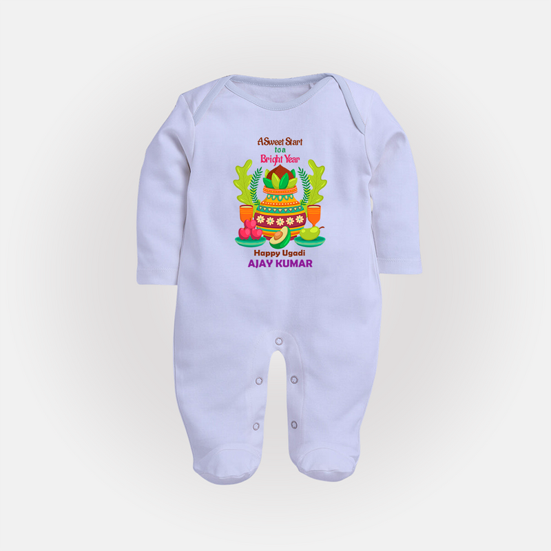 A Sweet Start To A Bright Year - Happy Ugadi Themed Customized Sleep Suit For Babies With Name - BABY BLUE - New Born (Chest 7.5")