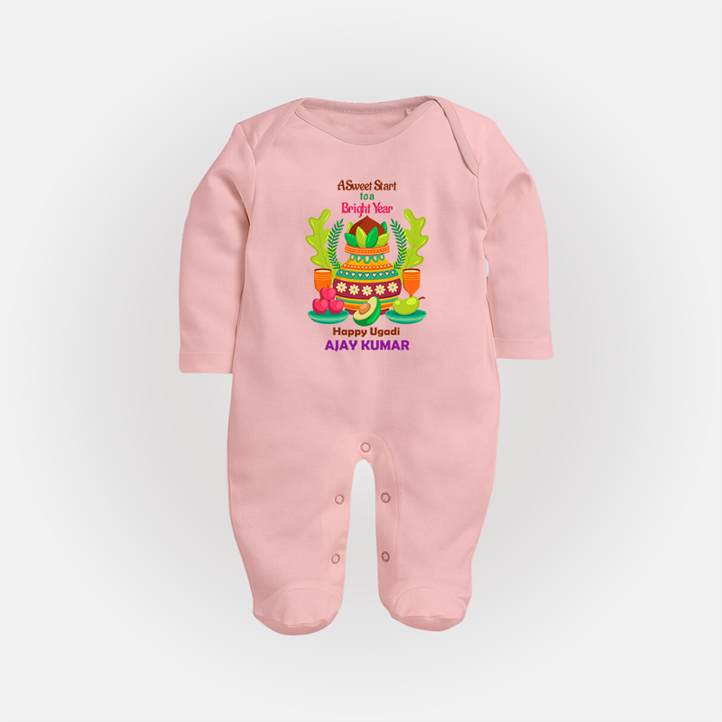 A Sweet Start To A Bright Year - Happy Ugadi Themed Customized Sleep Suit For Babies With Name - BABY PINK - New Born (Chest 7.5")