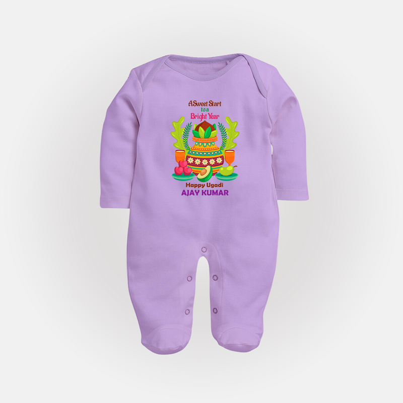 A Sweet Start To A Bright Year - Happy Ugadi Themed Customized Sleep Suit For Babies With Name - LILAC - New Born (Chest 7.5")