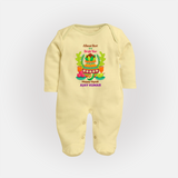 A Sweet Start To A Bright Year - Happy Ugadi Themed Customized Sleep Suit For Babies With Name - PASTEL YELLOW - New Born (Chest 7.5")