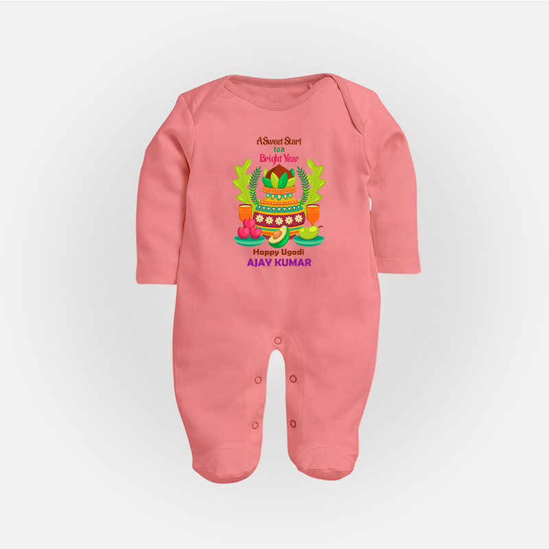 A Sweet Start To A Bright Year - Happy Ugadi Themed Customized Sleep Suit For Babies With Name - PEACH - New Born (Chest 7.5")