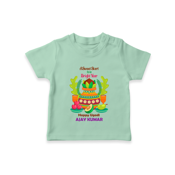 A Sweet Start To A Bright Year - Happy Ugadi Themed Customized T-Shirt For Kids With Name - MINT GREEN - 0-5 Months Old (Chest 17")