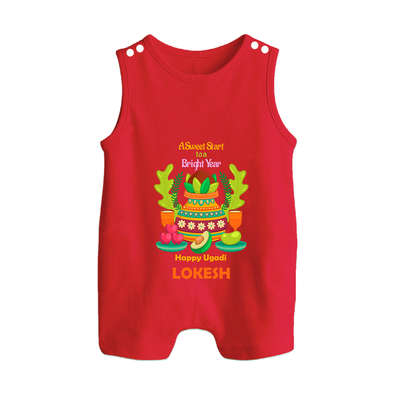 A Sweet Start To A Bright Year - Happy Ugadi Themed Customized Romper Suit For Babies With Name - RED - 0 - 5 Months Old (Chest 18")