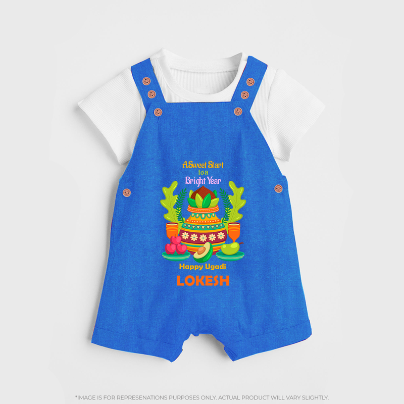 A Sweet Start To A Bright Year - Happy Ugadi Themed Customized Dungaree Set For Kids With Name - COBALT BLUE - 0 - 5 Months Old (Chest 18")