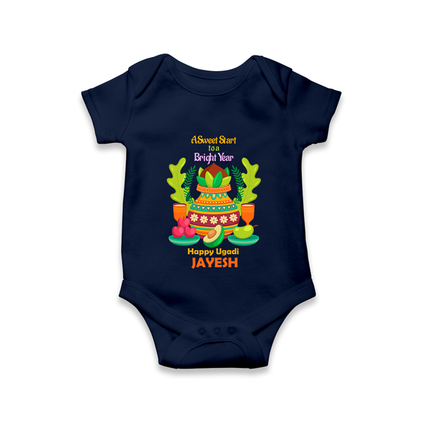 A Sweet Start to a Bright Year – Personalized Ugadi Baby Romper - NAVY BLUE - New Born (Chest 14")