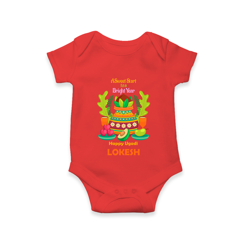 A Sweet Start To A Bright Year - Happy Ugadi Themed Customized Romper For Babies With Name - RED - 0 - 3 Months Old (Chest 16")