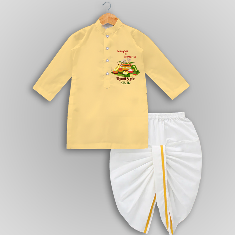  Mangoes & Memories - Happy Ugadi Themed Customized Drapped Dhoti For Kids With Name - YELLOW - 0 - 6 Month Old (Chest 24", Kurta Length 14" , Waist 19", Dhoti Length 14")