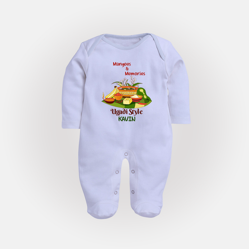  Mangoes & Memories - Happy Ugadi Themed Customized Sleep Suit For Babies With Name - BABY BLUE - New Born (Chest 7.5")