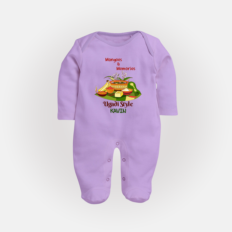  Mangoes & Memories - Happy Ugadi Themed Customized Sleep Suit For Babies With Name - LILAC - New Born (Chest 7.5")