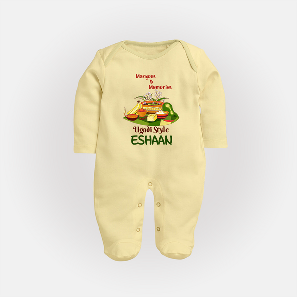 Mangoes & Memories Ugadi Baby Fullbody Suit – Personalized - PASTEL YELLOW - New Born (Chest 7.5")