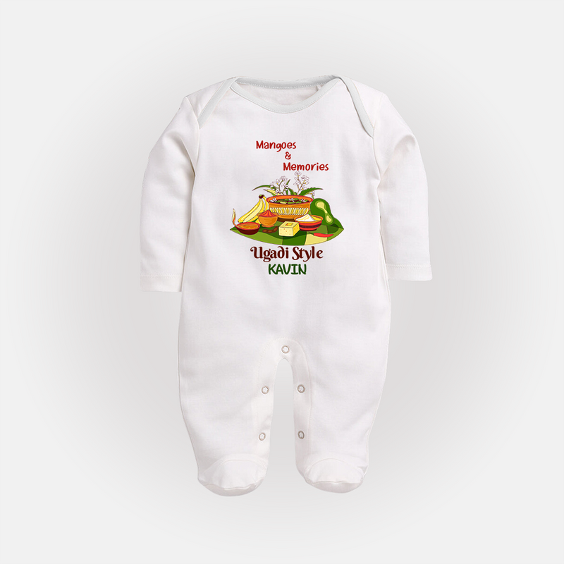  Mangoes & Memories - Happy Ugadi Themed Customized Sleep Suit For Babies With Name - WHITE - New Born (Chest 7.5")