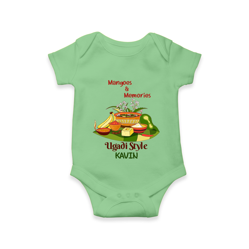  Mangoes & Memories - Happy Ugadi Themed Customized Romper For Babies With Name - GREEN - 0 - 3 Months Old (Chest 16")