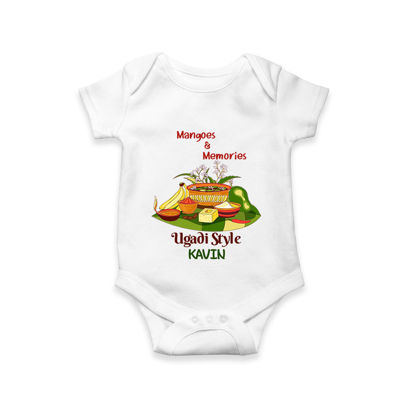  Mangoes & Memories - Happy Ugadi Themed Customized Romper For Babies With Name - WHITE - 0 - 3 Months Old (Chest 16")