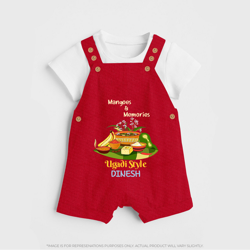  Mangoes & Memories - Happy Ugadi Themed Customized Dungaree Set For Kids With Name - RED - 0 - 5 Months Old (Chest 18")