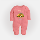  Mangoes & Memories - Happy Ugadi Themed Customized Sleep Suit For Babies With Name - PEACH - New Born (Chest 7.5")