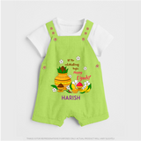  Let The Celebrations Begin - Happy Ugadi Themed Customized Dungaree Set For Kids With Name - GREEN - 0 - 5 Months Old (Chest 18")