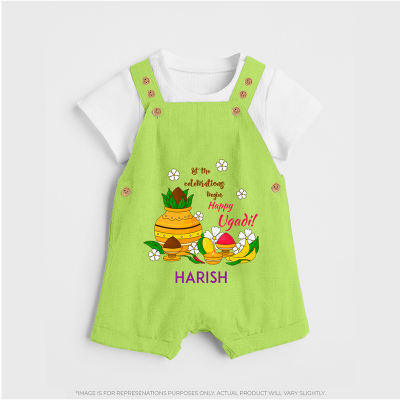  Let The Celebrations Begin - Happy Ugadi Themed Customized Dungaree Set For Kids With Name - GREEN - 0 - 5 Months Old (Chest 18")