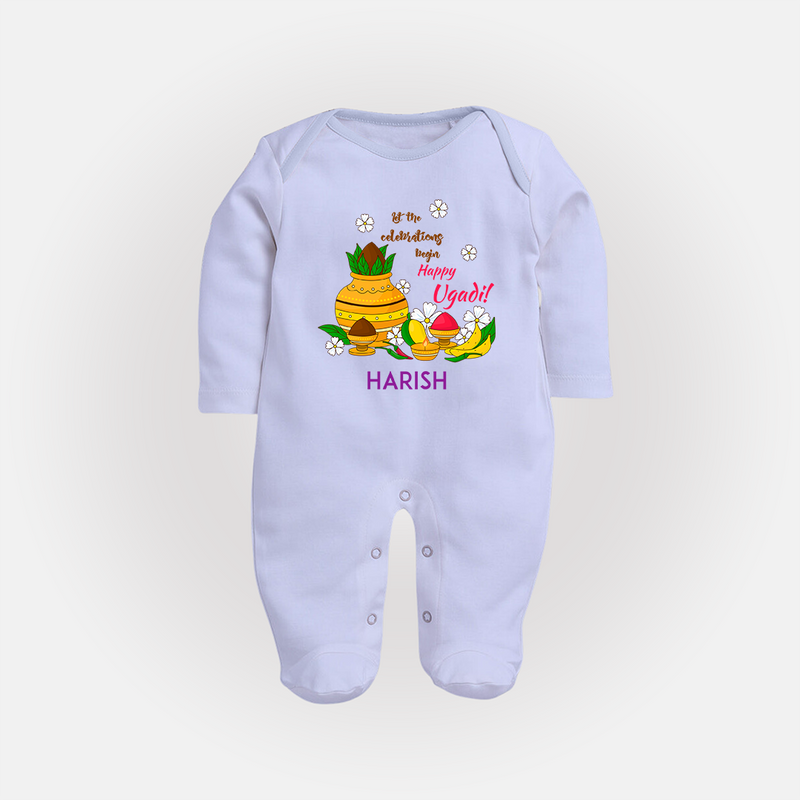  Let The Celebrations Begin - Happy Ugadi Themed Customized Sleep Suit For Babies With Name - BABY BLUE - New Born (Chest 7.5")