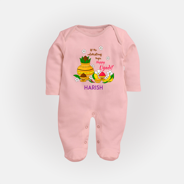  Let The Celebrations Begin - Happy Ugadi Themed Customized Sleep Suit For Babies With Name - BABY PINK - New Born (Chest 7.5")