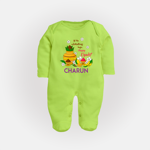 Let the Celebrations Begin – Happy Ugadi Baby Fullbody Suit - LIME GREEN - New Born (Chest 7.5")