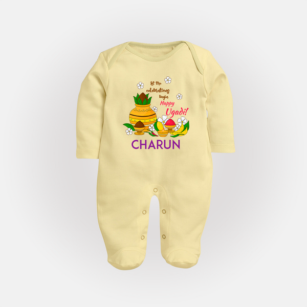 Let the Celebrations Begin – Happy Ugadi Baby Fullbody Suit - PASTEL YELLOW - New Born (Chest 7.5")
