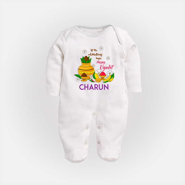 Let the Celebrations Begin – Happy Ugadi Baby Fullbody Suit - WHITE - New Born (Chest 7.5")