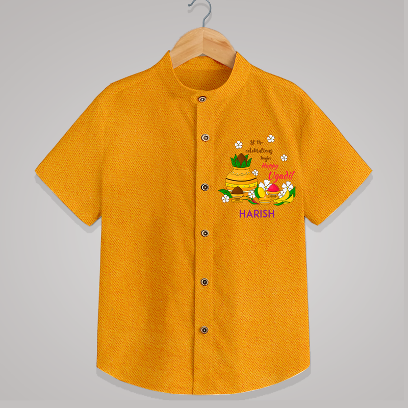  Let The Celebrations Begin - Happy Ugadi Themed Customized Shirt For Kids With Name - CHROME YELLOW - 0 - 6 Months Old (Chest 23")