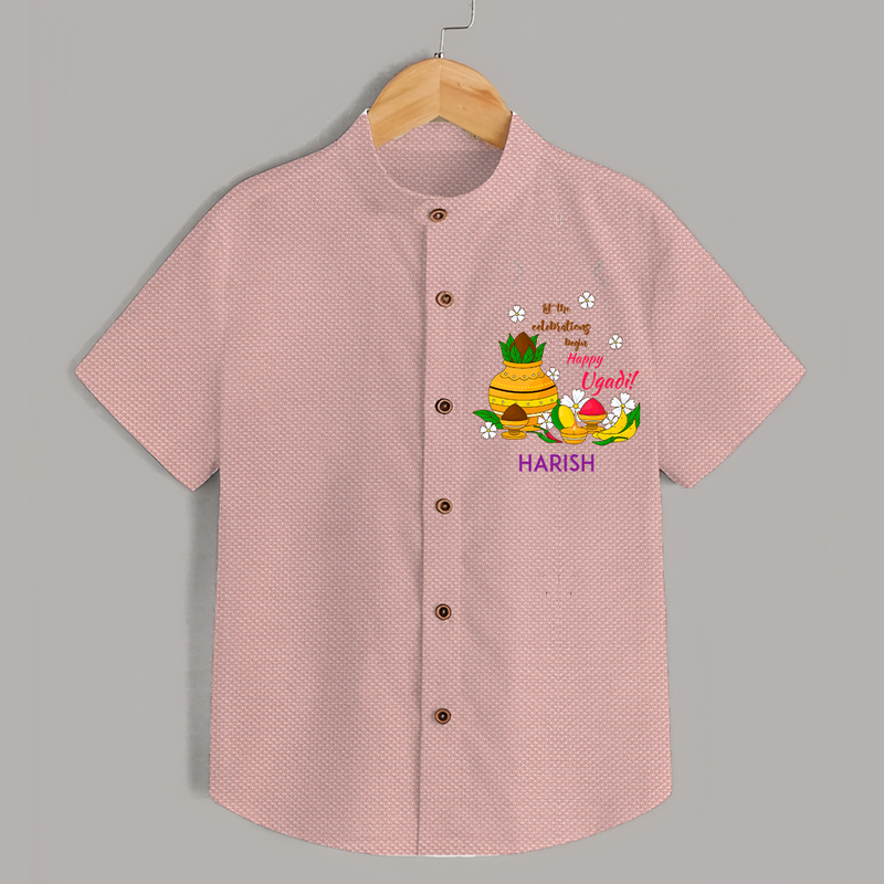  Let The Celebrations Begin - Happy Ugadi Themed Customized Shirt For Kids With Name - PEACH - 0 - 6 Months Old (Chest 23")