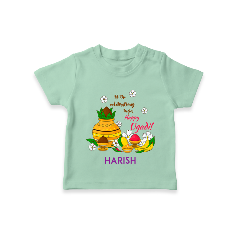  Let The Celebrations Begin - Happy Ugadi Themed Customized T-Shirt For Kids With Name - MINT GREEN - 0-5 Months Old (Chest 17")