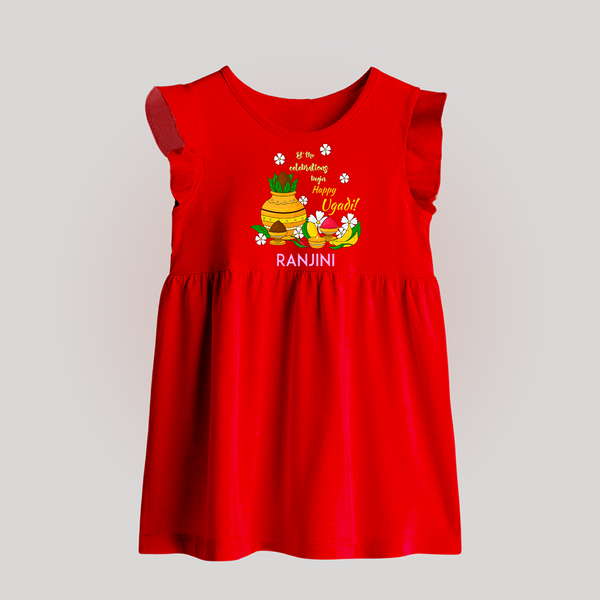  Let The Celebrations Begin - Happy Ugadi Themed Customized Baby Frock For Babies With Name - RED - 0 - 3 Months Old (Chest 17")