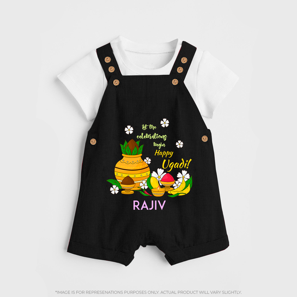  Let The Celebrations Begin - Happy Ugadi Themed Customized Dungaree Set For Kids With Name - BLACK - 0 - 5 Months Old (Chest 18")