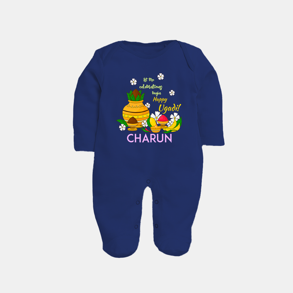 Let the Celebrations Begin – Happy Ugadi Baby Fullbody Suit - NAVY BLUE - New Born (Chest 7.5")