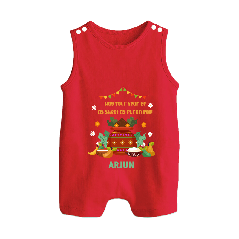  May Your Year Be As Sweet As Puran Poli - Happy Ugadi Themed Customized Romper Suit For Babies With Name - RED - 0 - 5 Months Old (Chest 18")