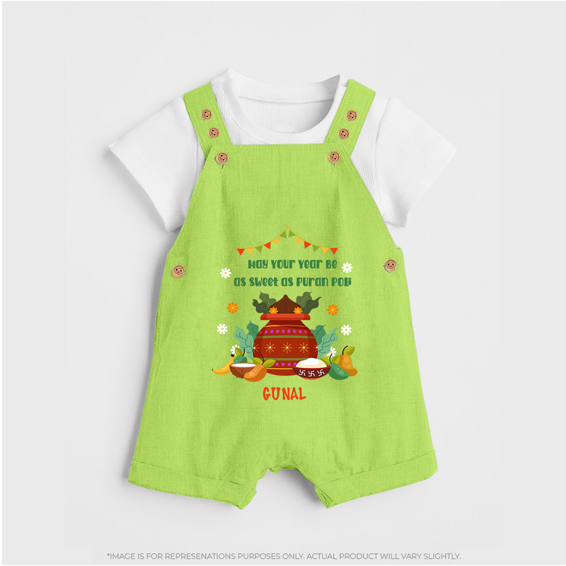  May Your Year Be As Sweet As Puran Poli - Happy Ugadi Themed Customized Dungaree Set For Kids With Name - GREEN - 0 - 5 Months Old (Chest 18")