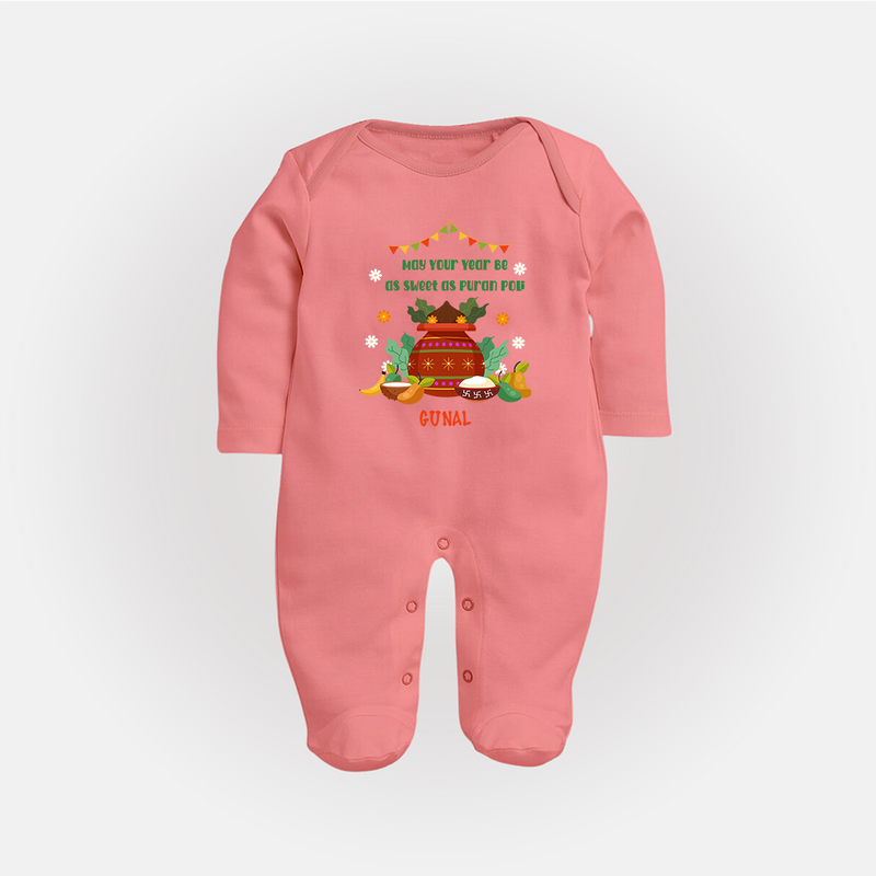  May Your Year Be As Sweet As Puran Poli - Happy Ugadi Themed Customized Sleep Suit For Babies With Name - PEACH - New Born (Chest 7.5")