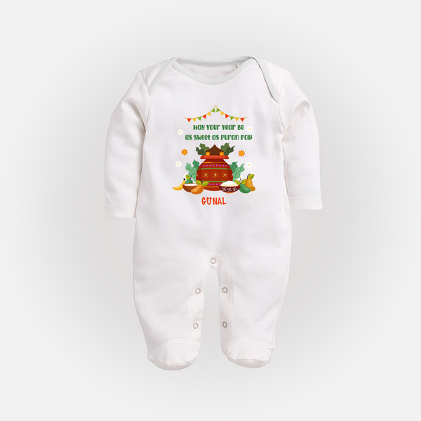  May Your Year Be As Sweet As Puran Poli - Happy Ugadi Themed Customized Sleep Suit For Babies With Name - WHITE - New Born (Chest 7.5")