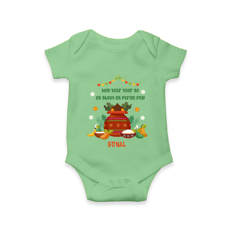  May Your Year Be As Sweet As Puran Poli - Happy Ugadi Themed Customized Romper For Babies With Name - GREEN - 0 - 3 Months Old (Chest 16")