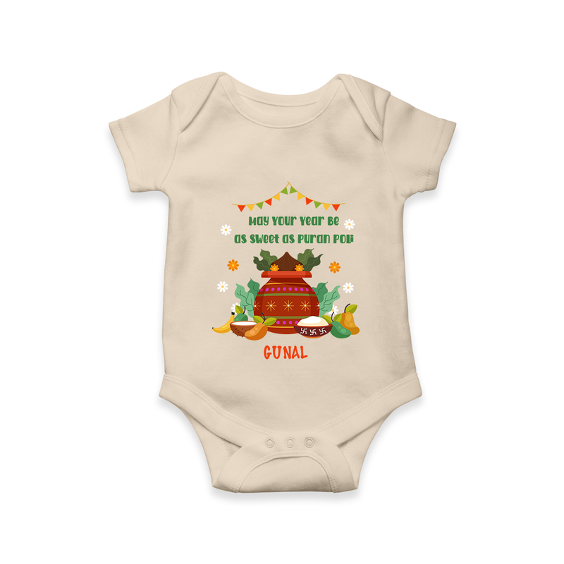  May Your Year Be As Sweet As Puran Poli - Happy Ugadi Themed Customized Romper For Babies With Name - IVORY - 0 - 3 Months Old (Chest 16")