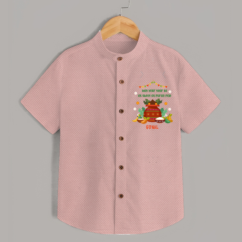  May Your Year Be As Sweet As Puran Poli - Happy Ugadi Themed Customized Shirt For Kids With Name - PEACH - 0 - 6 Months Old (Chest 23")