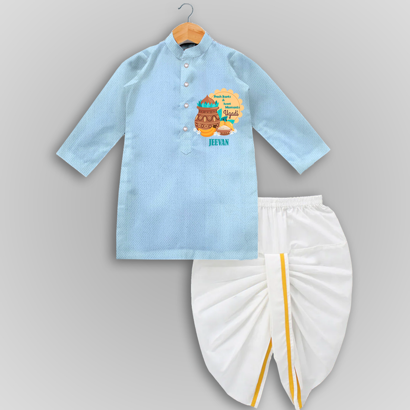  Fresh Starts & Sweet Moments - Happy Ugadi Themed Customized Drapped Dhoti For Kids With Name - SKY BLUE - 0 - 6 Month Old (Chest 24", Kurta Length 14" , Waist 19", Dhoti Length 14")