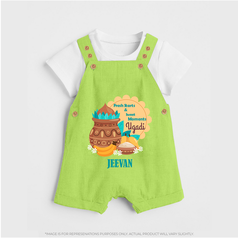  Fresh Starts & Sweet Moments - Happy Ugadi Themed Customized Dungaree Set For Kids With Name - GREEN - 0 - 5 Months Old (Chest 18")