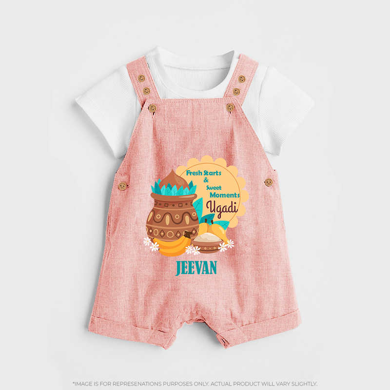  Fresh Starts & Sweet Moments - Happy Ugadi Themed Customized Dungaree Set For Kids With Name - PEACH - 0 - 5 Months Old (Chest 18")