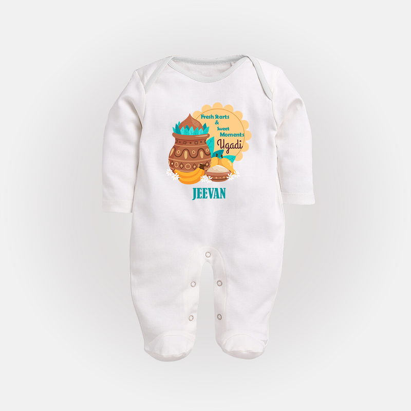  Fresh Starts & Sweet Moments - Happy Ugadi Themed Customized Sleep Suit For Babies With Name - WHITE - New Born (Chest 7.5")