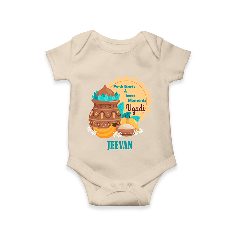  Fresh Starts & Sweet Moments - Happy Ugadi Themed Customized Romper For Babies With Name - IVORY - 0 - 3 Months Old (Chest 16")