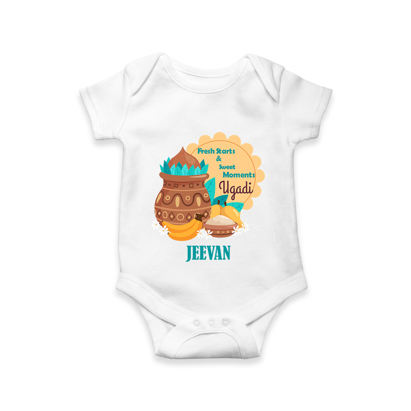  Fresh Starts & Sweet Moments - Happy Ugadi Themed Customized Romper For Babies With Name - WHITE - 0 - 3 Months Old (Chest 16")