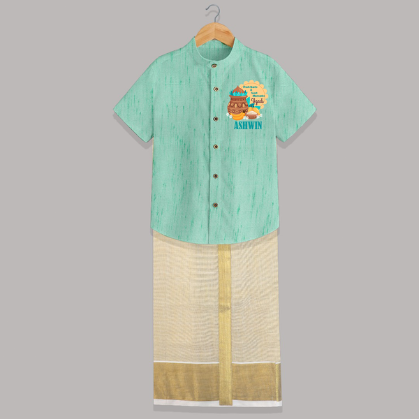 Fresh Starts & Sweet Moments Ugadi Shirt and Dhoti - AQUA GREEN - 0 - 6 Months Old (Chest-23") (Dhoti length-14")