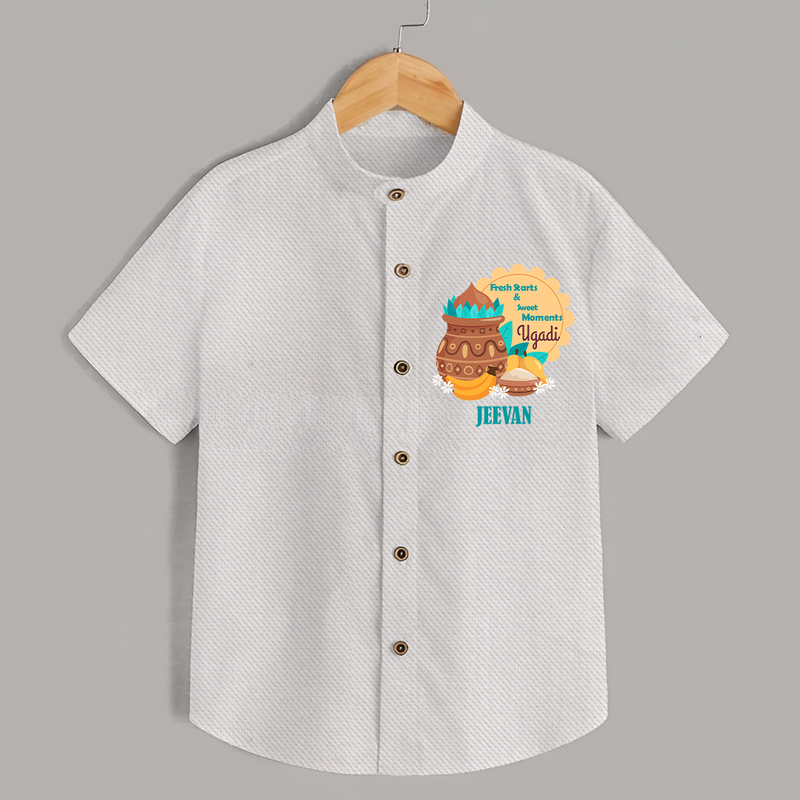  Fresh Starts & Sweet Moments - Happy Ugadi Themed Customized Shirt For Kids With Name - WHITE - 0 - 6 Months Old (Chest 23")